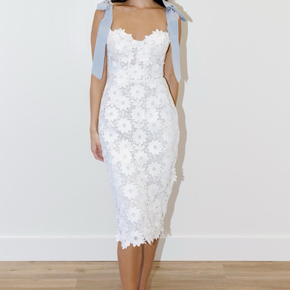 Watters White Floral Lace Midi Dress with Blue Accents